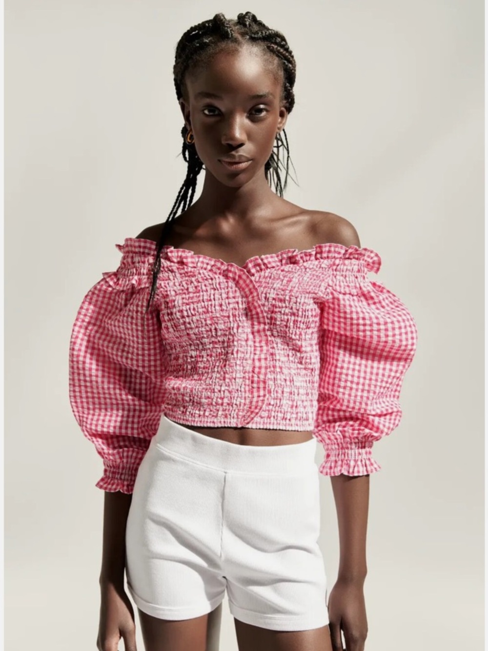 Zara Red Checkered Off-Shoulder Blouse